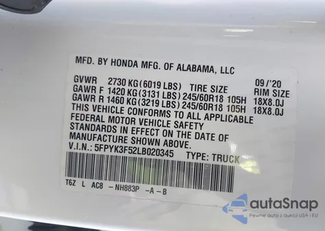 2020 Honda Ridgeline Awd Rtl из США, поврежденный, VIN 5FPYK3F52LB020345